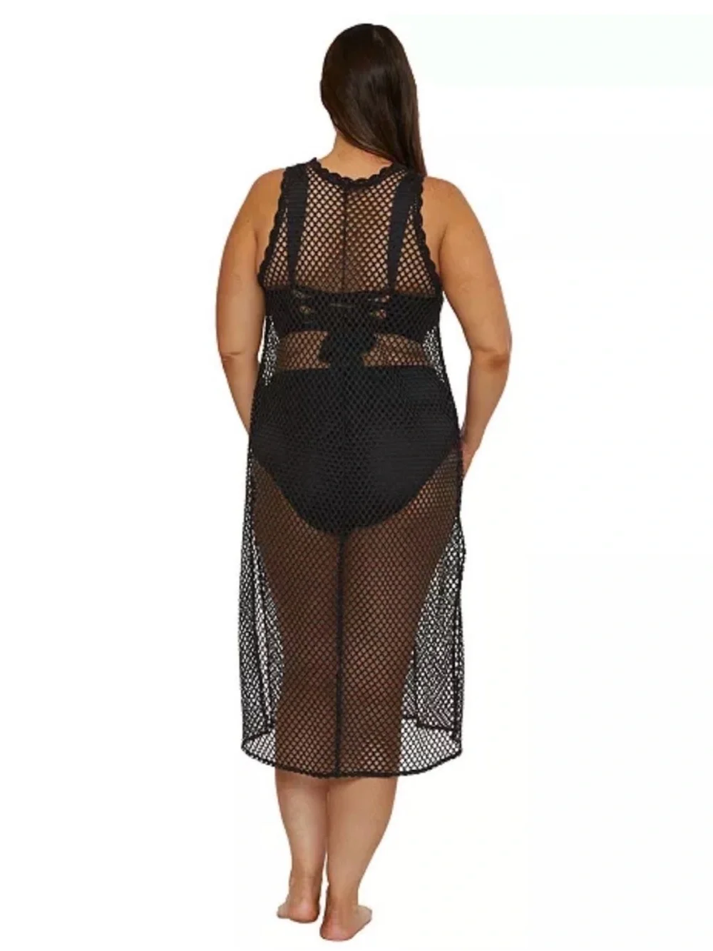 BECCA Black Mesh Midi Swim Cover-Up. Plus Size OX 14/16. NWT. Crochet Flowers